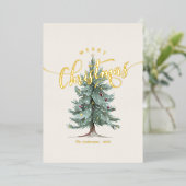 Elegant Vintage Merry Christmas Script Rustic Tree 箔シーズンカード (立ち正面)