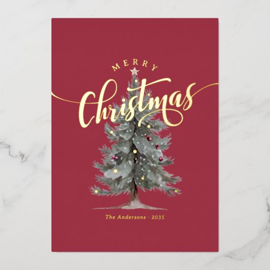Elegant Vintage Merry Christmas Script Rustic Tree 箔シーズンカード (正面)