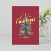 Elegant Vintage Merry Christmas Script Rustic Tree 箔シーズンカード (立ち正面)