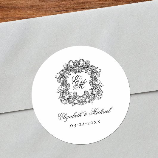 Elegant Vintage Monogram Crest Wedding ラウンドシール