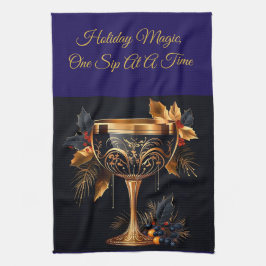 Elegant Vintage Navy Blue and Gold Christmas  キッチンタオル