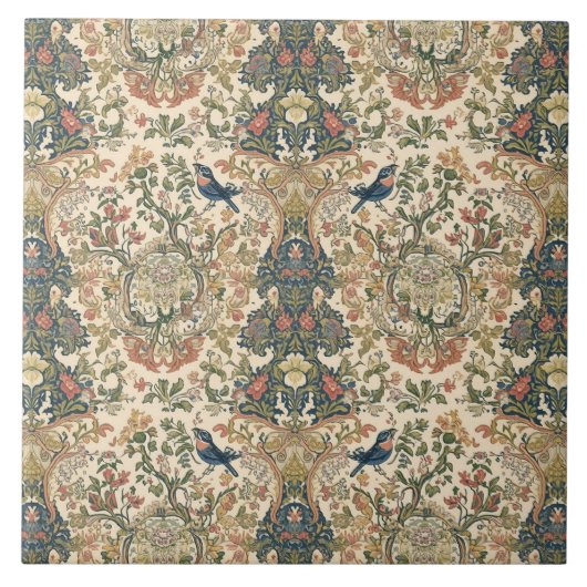 Elegant Vintage Nouveau Floral Birds タイル (正面)