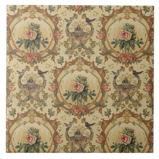 Elegant Vintage Nouveau Floral Birds タイル (正面)