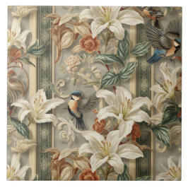 Elegant Vintage Nouveau Floral Birds タイル