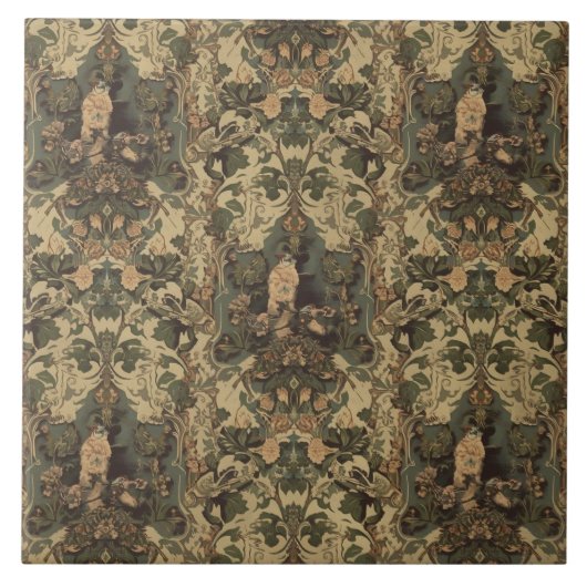 Elegant Vintage Nouveau Floral Birds タイル (正面)