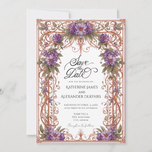 Elegant Vintage Nouveau Wedding Save The Date 招待状 (正面)