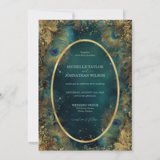 Elegant Vintage Peacock Feather Enchanted Forest 招待状 (正面)