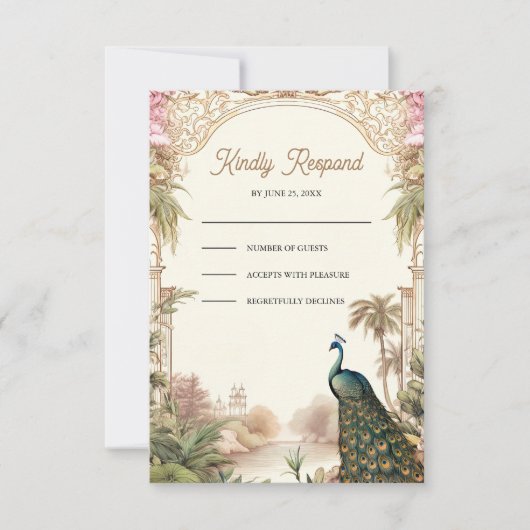 Elegant Vintage Peacock Garden Indian Wedding 出欠カード (正面)