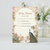 Elegant Vintage Peacock Garden Indian Wedding 出欠カード (スタンド正面)