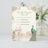 Elegant Vintage Peacock Indian Palace Wedding 出欠カード (スタンド正面)