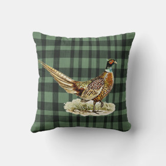 Elegant Vintage Pheasant Bird on Green Plaid クッション