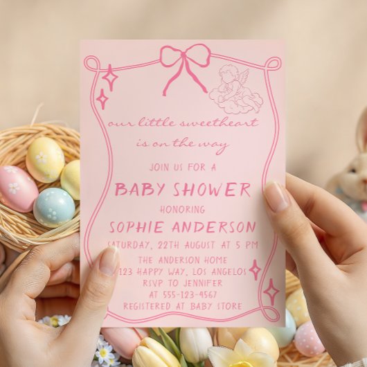 Elegant Vintage Pink Bow Baby Shower 招待状