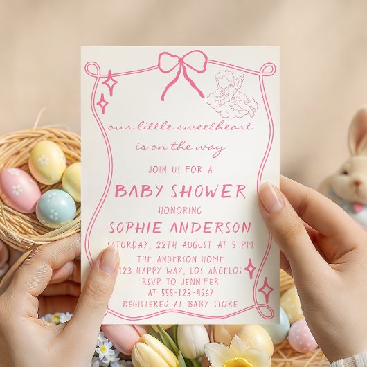 Elegant Vintage Pink Bow Baby Shower 招待状