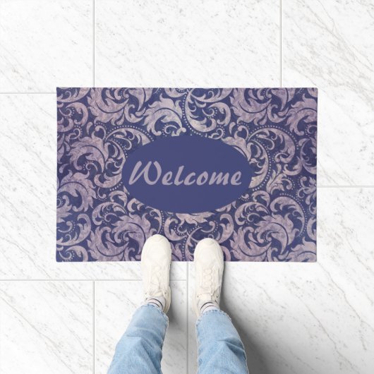 Elegant Vintage Purple Damask Pattern ドアマット (室内)