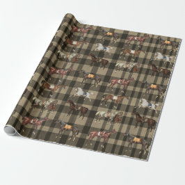 Elegant Vintage Saddled Horses Brown Beige Plaid ラッピングペーパー