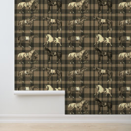 Elegant Vintage Saddled Horses Brown Beige Plaid 壁紙