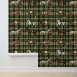 Elegant Vintage Saddled Horses Brown Green Plaid 壁紙