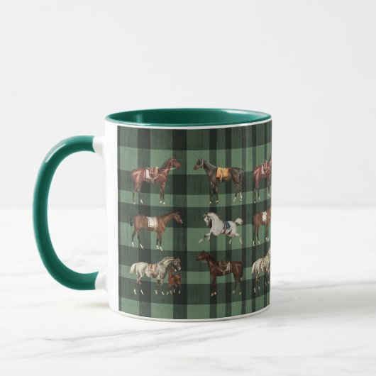 Elegant Vintage Saddled Horses Green Plaid マグカップ (左)