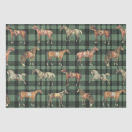 Elegant Vintage Saddled Horses Green Plaid 薄葉紙