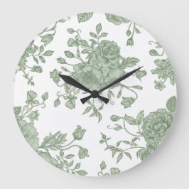 Elegant Vintage Sage Green French Floral  ラージ壁時計