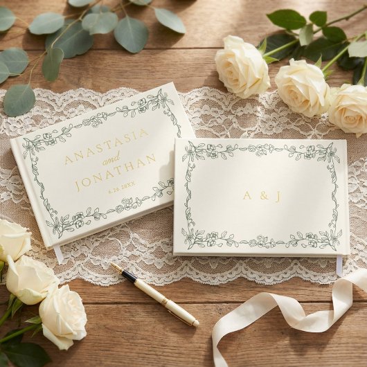 Elegant Vintage Sage Green Monogram Wedding  ゲストブック