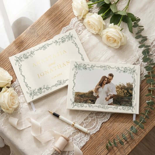 Elegant Vintage Sage Green Photo Wedding ゲストブック