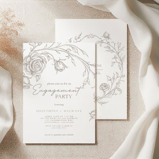 Elegant Vintage Sepia Engagement Party Invitation 招待状