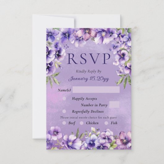 Elegant Violet Floral Wedding RSVP Card (正面)