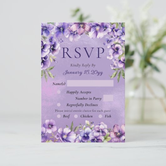 Elegant Violet Floral Wedding RSVP Card (スタンド正面)