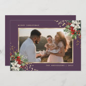 Elegant Violet Gold Poinsettia Holly Berries Photo シーズンカード (正面/裏面)