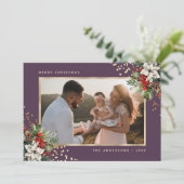 Elegant Violet Gold Poinsettia Holly Berries Photo シーズンカード (スタンド正面)