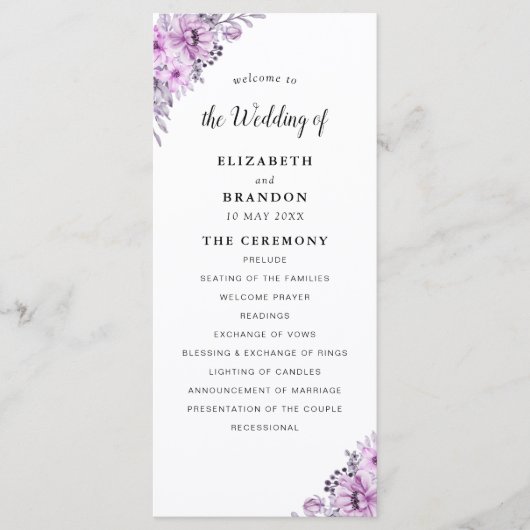 Elegant Violet Watercolor Flowers - Wedding  プログラム (正面)