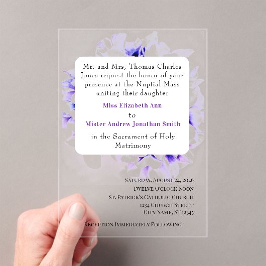 Elegant Violets Catholic Wedding Invitation アクリル招待状 (インサイチュ (ポータブル))