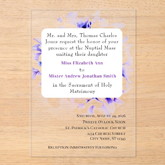Elegant Violets Catholic Wedding Invitation アクリル招待状 (正面)
