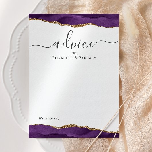 Elegant Watercolor Agate Purple Gold Wedding アドバイスカード