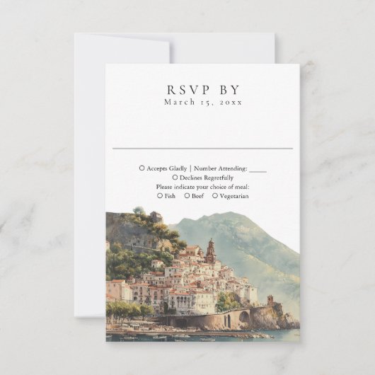 Elegant Watercolor Amalfi Italian Wedding 出欠カード (正面)