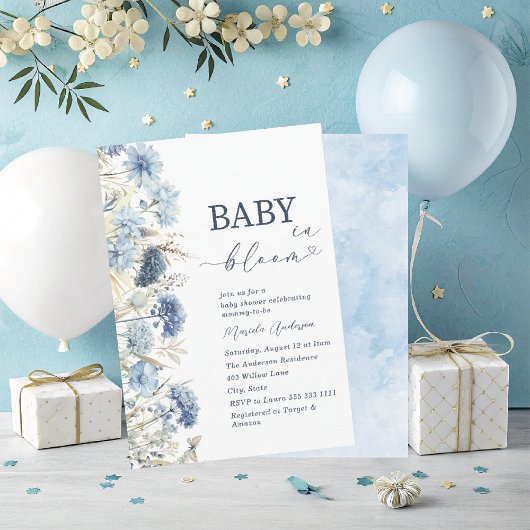 Elegant Watercolor Baby in Blooom blue flowers B 招待状