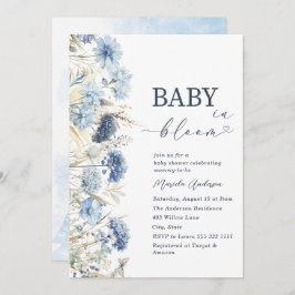 Elegant Watercolor Baby in Blooom blue flowers   B 招待状