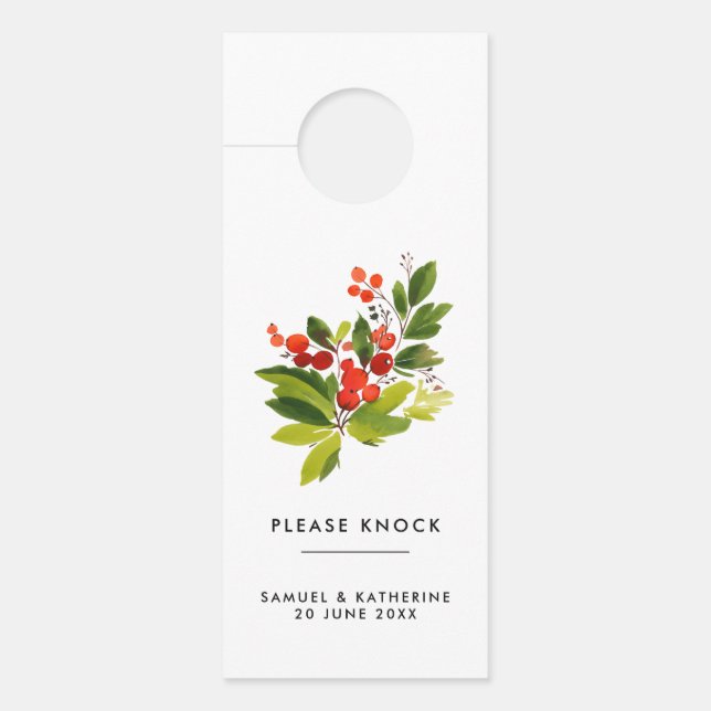Elegant Watercolor Berries Please Knock ドアノブサイン (正面)