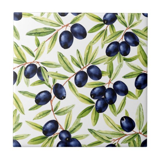 Elegant Watercolor Black Olives Seamless Pattern タイル (正面)