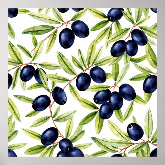 Elegant Watercolor Black Olives Seamless Pattern  ポスター (正面)