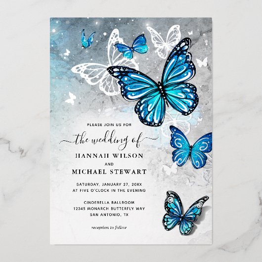 Elegant Watercolor Blue Butterfly Wedding Real 箔招待状 (正面)