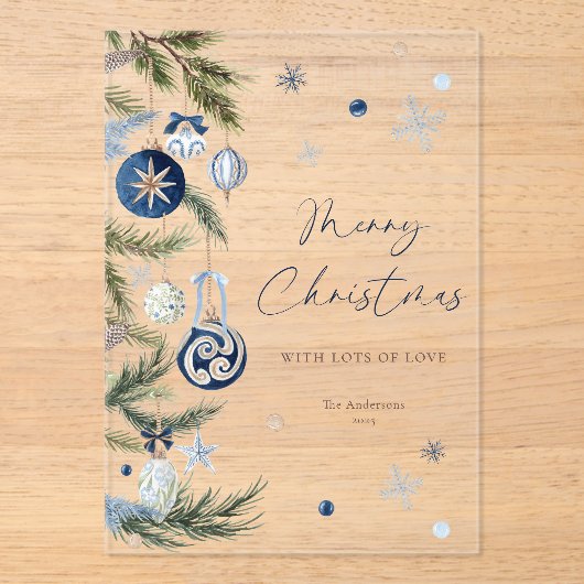 Elegant Watercolor Blue Christmas Ornament アクリル招待状 (正面)