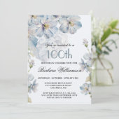 Elegant Watercolor Blue Floral 100th Birthday  招待状 (スタンド正面)