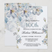 Elegant Watercolor Blue Floral 100th Birthday  招待状 (正面/裏面)