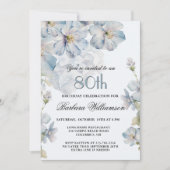 Elegant Watercolor Blue Floral 80th Birthday  招待状 (正面)