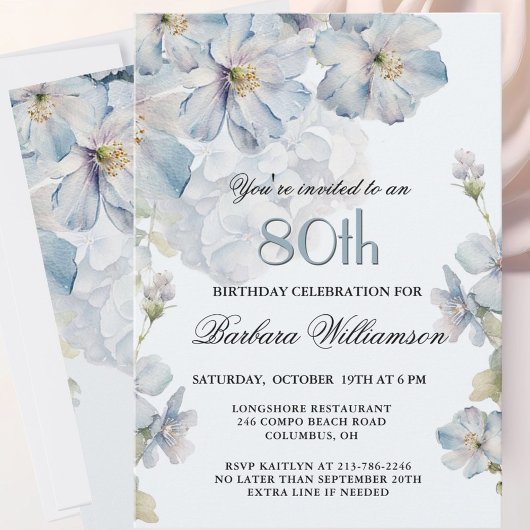 Elegant Watercolor Blue Floral 80th Birthday  招待状