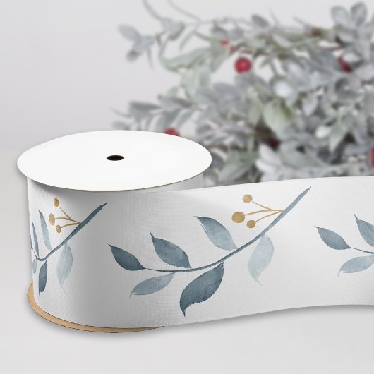 Elegant Watercolor Blue Greenery サテンリボン