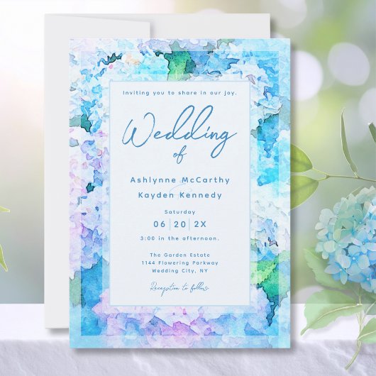 Elegant Watercolor Blue Hydrangea Wedding  招待状