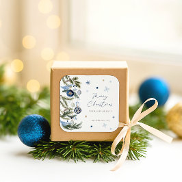 Elegant Watercolor Blue White Christmas Ornament スクエアシール